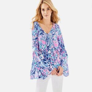 Lilly Pulitzer Kahli Bell Sleeve Top in Blue Grotto “Move it or Lose it” XL